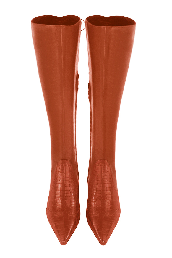 Terracotta orange women's knee-high boots, with laces at the back. Pointed toe. Low flare heels. Made to measure. Top view - Florence KOOIJMAN